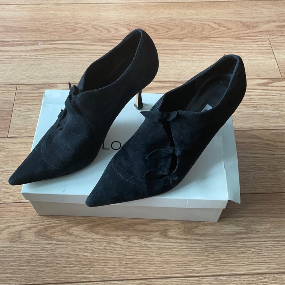 Manolo Blahnik women black leather suede pointi ankle boots shoes